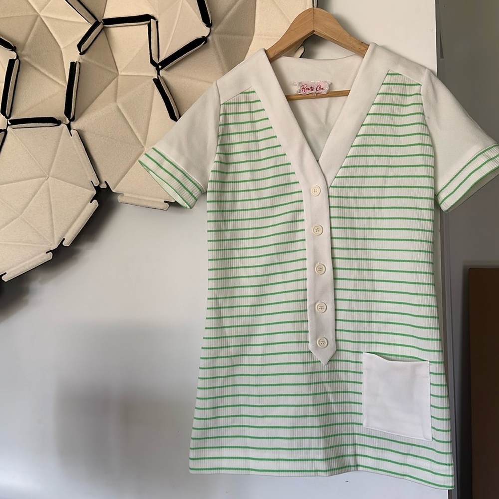 Vintage 60’s polyester green striped mini dress mod Masters  XS